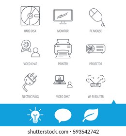 Monitor, printer and wi-fi router icons. Video chat, electric plug and pc mouse linear signs. Projector, hard disk icons. Light bulb, speech bubble and leaf web icons. Vector