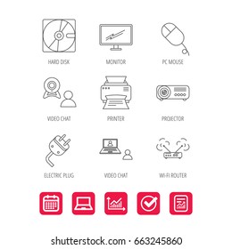 Monitor, printer and wi-fi router icons. Video chat, electric plug and pc mouse linear signs. Projector, hard disk icons. Report document, Graph chart and Calendar signs. Laptop and Check web icons