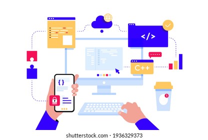 Monitor with program code on the screen, infographic elements, bug fixing, virtual screens. Web development, programmer, coding. Web banner or landing page template. Vector illustration on white 