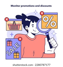 Monitor promotions and discounts to optimize your expenses. Useful guidance for efficient household budgeting and economy. Family budget expenses management. Flat vector illustration