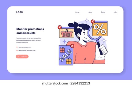 Monitor promotions and discounts to optimize your expenses. Useful guidance for efficient household budgeting and economy. Family budget expenses management. Flat vector illustration