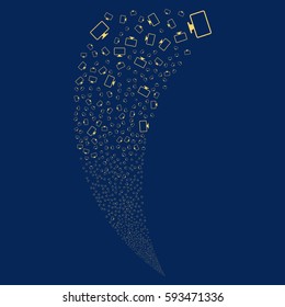 Monitor random fireworks stream. Vector illustration style is flat yellow iconic symbols on a blue background. Object fountain created from scattered icons.