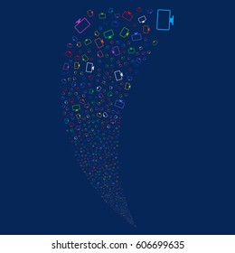 Monitor random fireworks stream. Vector illustration style is flat bright multicolored iconic symbols on a blue background. Object fountain done from scattered design elements.