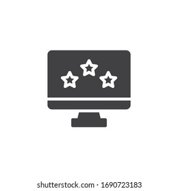Monitor con icono vectorial de estrellas de clasificación. signo plano relleno para concepto móvil y diseño web. Icono de glifo de retroalimentación de tres estrellas. Símbolo, ilustración del logotipo. Gráficos vectoriales