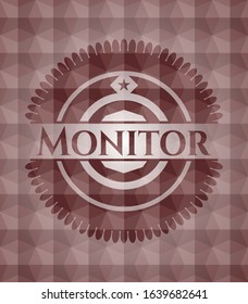 Monitor red emblem or badge with abstract geometric pattern background. Seamless.