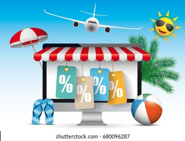 Monitor with red marquee, jet, sunshade, sun and flip-flops. Eps 10 vector file. 