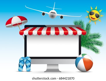 Monitor with red marquee, jet, sunshade, sun and flip-flops. Eps 10 vector file.