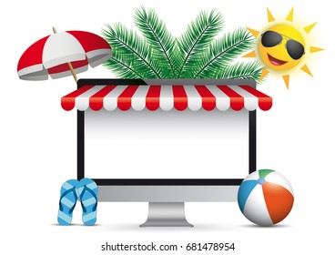 Monitor with red marquee, palms, sunshade, sun and flipflops. Eps 10 vector file. 
