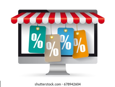 Monitor with red marquee price stickers and percents. Eps 10 vector file. 