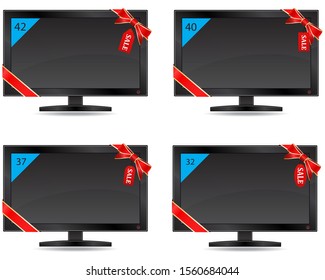 Monitor with a red ribbon. Big sale. Offer of the transaction. Concept of notice of sale, e-commerce, delivery service. Badges of modern design