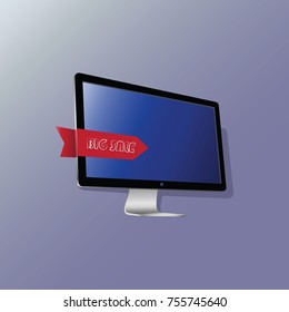 Monitor with a red ribbon. Big sale. Offer of the transaction. Concept of notice of sale, e-commerce, delivery service. Badges of modern design