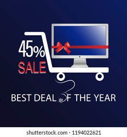 Monitor with a red ribbon and a bow. Sale. Offer of the transaction. The concept of notice of sale, e-commerce, delivery service. Modern design icons