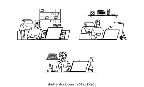 monitor remote work setup vector. laptop mouse, webcam headset, microphone lighting monitor remote work setup character. people black line pencil drawing illustration