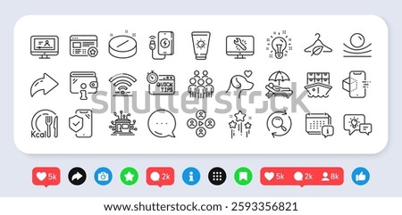 Monitor repair, Augmented reality and Distribution line icons pack. Social media: share, comment, like icons. Sunscreen, Sunbed, Phone charging web icon. Vector