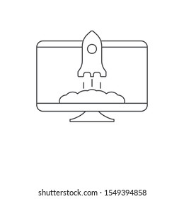 Monitor With Rocket Icon. Launch Startup Icon