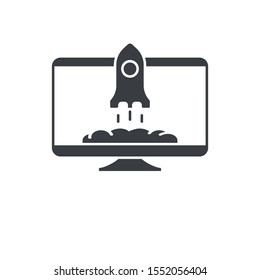 Monitor With Rocket Icon. Launch Startup Icon