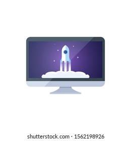 Monitor With Rocket Icon. Launch Startup Icon