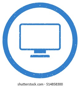 Monitor rubber seal stamp watermark. Icon symbol inside circle frame with grunge design and dust texture. Scratched vector cobalt ink sticker on a white background.