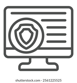 Monitor with safety emblem line icon, data protection concept. Vector graphics. Display screen with secure data sign on white background, outline style icon for mobile or web design