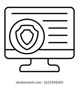 Monitor with safety emblem thin line icon, data protection concept. Vector graphics. Display screen with secure data sign on white background, linear style for mobile or design