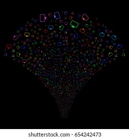 Monitor salute stream. Vector illustration style is flat bright multicolored iconic symbols on a black background. Object source fountain done from random icons.