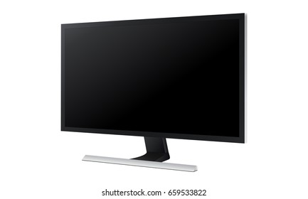 Monitor Samsung in perspective 3/4 right view isolated on white background. Blank TV screen mockup to showcase presentations, website templates or wallpaper. Vector illustration