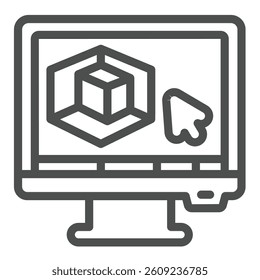 Monitor screen with 3D graphics program line icon, design recruitment concept. Vector graphics. 3D designer job display sign on white background, outline style icon for mobile or web design