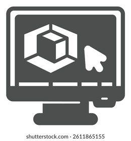 Monitor screen with 3D graphics program solid icon, design recruitment concept. Vector graphics. 3D designer job display sign on white background, glyph style icon for mobile or web design