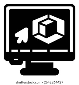 Monitor tela com programa gráfico 3D ícone sólido, design de recrutamento conceito. Gráficos vetoriais. Sinal de exibição de trabalho do designer 3D no plano de fundo branco, móvel de estilo ou design