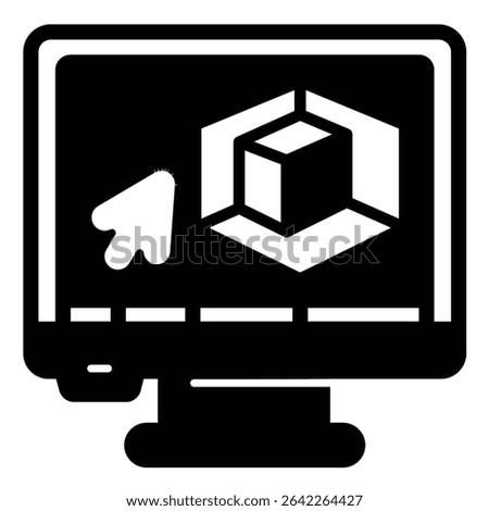 Monitor screen with 3D graphics program solid icon, design recruitment concept. Vector graphics. 3D designer job display sign on white background, style mobile or design