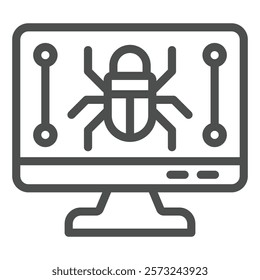 Monitor screen and beetle line icon, hacker attacks concept. Vector graphics. Display with bug, computer virus sign on white background, outline style icon for mobile or web design