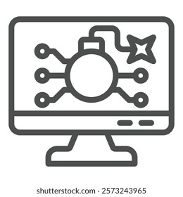 Monitor screen with bomb line icon, hacker attacks concept. Vector graphics. Bomb burning wick on display sign on white background, outline style icon for mobile or web design