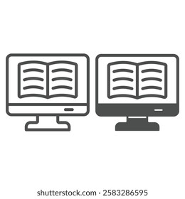 Monitor screen with book line and solid icon, reading book online concept. Vector graphics. Digital textbook copy sign on white background, outline style icon for mobile or web design