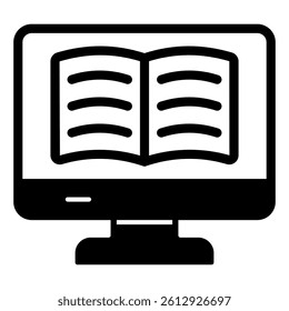 Monitor screen with book solid icon, reading book online concept. Vector graphics. Digital textbook copy sign on white background, glyph style mobile or design