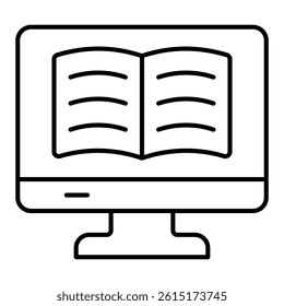 Monitor screen with book thin line icon, reading book online concept. Vector graphics. Digital textbook copy sign on white background, style mobile or design