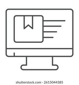 Monitor screen with box thin line icon, black friday concept. Vector graphics. Product fast delivery option, shopping sign on white background, outline style icon for mobile or web design
