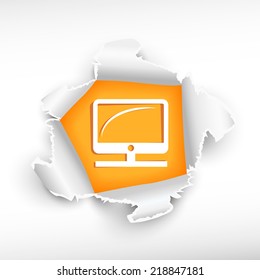 Monitor screen and breakthrough paper hole with ragged edges with a space for your message.