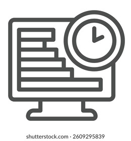 Monitor screen with chart and clock line icon, remote work concept. Vector graphics. Market job, task schedule display sign on white background, outline style icon for mobile or web design