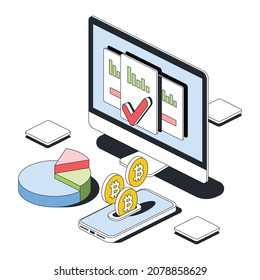 Monitor screen charts, bitcoin coins cryptocurrency. Vector 3d sketch line isometric style, color icon illustration. Creative design idea and infographics elements.