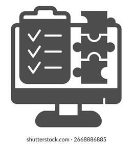 Monitor-Bildschirm mit Checkliste der Puzzle-Stücke solides Symbol, Data Hoarding Konzept. Vektorgrafiken. Inhaltserstellungslistenzeichen auf weißem Hintergrund, Glyphensymbol für mobiles oder Webdesign