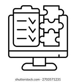 Monitor-Bildschirm mit Checkliste von Puzzle-Stücke dünne Linie Symbol, Daten horten Konzept. Vektorgrafiken. Inhaltserstellungslistenzeichen auf weißem Hintergrund, Umrissstilsymbol für mobiles oder Webdesign