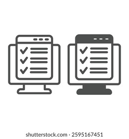 Monitor screen with checklist window line and solid icon, remote work concept. Vector graphics. Display and task schedule plan sign on white background, outline style icon for mobile or web design