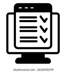 Monitor screen with checklist window solid icon, remote work concept. Vector graphics. Display and task schedule plan sign on white background, style mobile or design