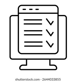 Monitor screen with checklist window thin line icon, remote work concept. Vector graphics. Display and task schedule plan sign on white background, style mobile or design