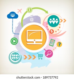 Monitor screen and cloud on abstract colorful watercolor background with different icon and elements. 
