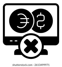 Monitor screen and coin exchange ban solid icon, sanctions concept. Vector graphics. Display with coins sign on white background, glyph style mobile or design