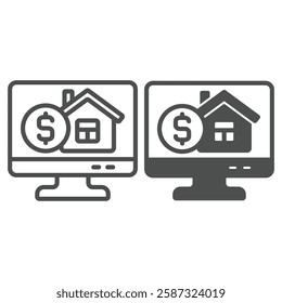 Monitor screen with coin and house line and solid icon, housing market concept. Vector graphics. Display with money, building sign on white background, outline style icon for mobile or web design