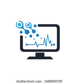Monitor screen computer with cell and heart beat medical illustration logo design