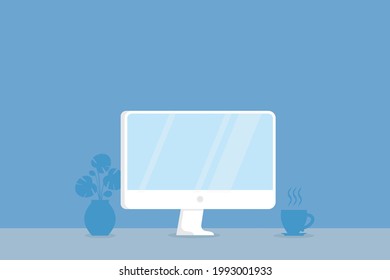 Monitor, screen or computer with coffee cup and indoor plant  on a blue background. Vector flat illustration. Layout for design, infographic, banner.eps