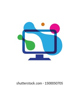 Monitor screen computer with colorful rainbow bubble illustration logo design